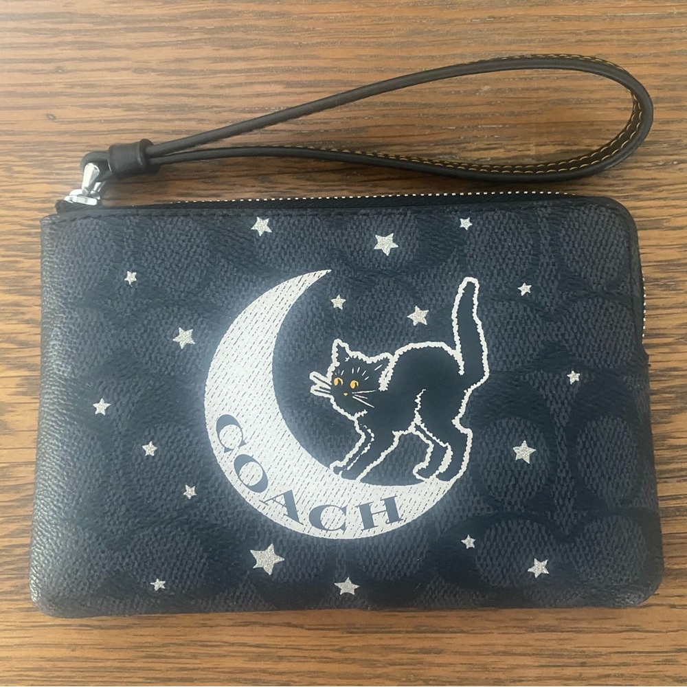Coach Midnight Black Wristlet with Cat and Moon